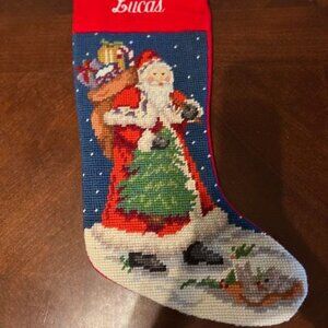 vintage Needlepoint Christmas‎ Stocking Santa & Reindeer Design With name Lucas